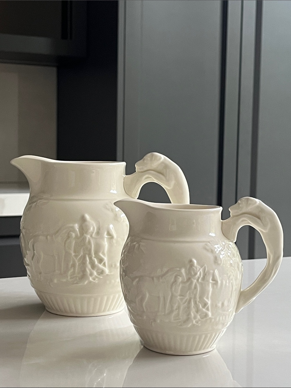 Wedgwood Etruria & Barlaston Devonshire Creamware Equestrian Jug Set of 2.
